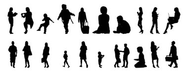 Vektör illüstrasyonu, insanların ana hatları, Contour çizimi, insanların silueti, ikon kümesi izole edilmiş, oturan insanların silueti, mimari set