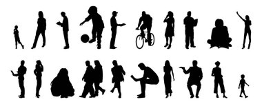 Vektör illüstrasyonu, insanların ana hatları, Contour çizimi, insanların silueti, ikon kümesi izole edilmiş, oturan insanların silueti, mimari set