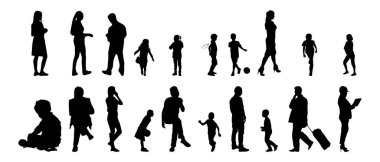 Vektör illüstrasyonu, insanların ana hatları, Contour çizimi, insanların silueti, ikon kümesi izole edilmiş, oturan insanların silueti, mimari set