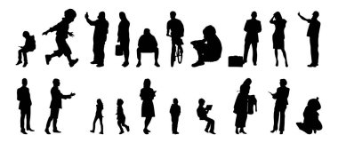 Vektör illüstrasyonu, insanların ana hatları, Contour çizimi, insanların silueti, ikon kümesi izole edilmiş, oturan insanların silueti, mimari set