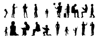 Vektör illüstrasyonu, insanların ana hatları, Contour çizimi, insanların silueti, ikon kümesi izole edilmiş, oturan insanların silueti, mimari set