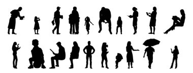 Vektör illüstrasyonu, insanların ana hatları, Contour çizimi, insanların silueti, ikon kümesi izole edilmiş, oturan insanların silueti, mimari set