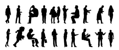 Vektör illüstrasyonu, insanların ana hatları, Contour çizimi, insanların silueti, ikon kümesi izole edilmiş, oturan insanların silueti, mimari set