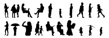 Vektör illüstrasyonu, insanların ana hatları, Contour çizimi, insanların silueti, ikon kümesi izole edilmiş, oturan insanların silueti, mimari set