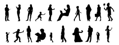 Vektör illüstrasyonu, insanların ana hatları, Contour çizimi, insanların silueti, ikon kümesi izole edilmiş, oturan insanların silueti, mimari set