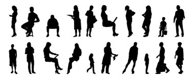 Vektör illüstrasyonu, insanların ana hatları, Contour çizimi, insanların silueti, ikon kümesi izole edilmiş, oturan insanların silueti, mimari set