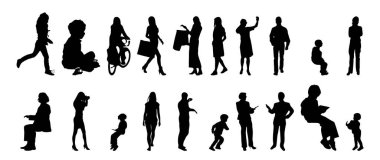 Vektör illüstrasyonu, insanların ana hatları, Contour çizimi, insanların silueti, ikon kümesi izole edilmiş, oturan insanların silueti, mimari set