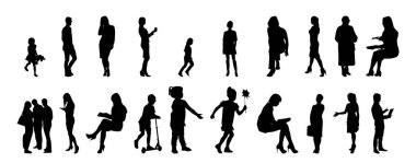 Vektör illüstrasyonu, insanların ana hatları, Contour çizimi, insanların silueti, ikon kümesi izole edilmiş, oturan insanların silueti, mimari set