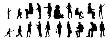 Vektör illüstrasyonu, insanların ana hatları, Contour çizimi, insanların silueti, ikon kümesi izole edilmiş, oturan insanların silueti, mimari set