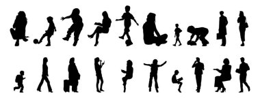 Vektör illüstrasyonu, insanların ana hatları, Contour çizimi, insanların silueti, ikon kümesi izole edilmiş, oturan insanların silueti, mimari set