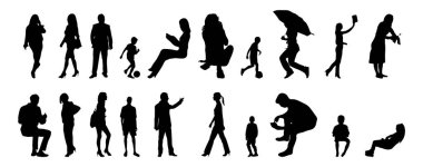 Vektör illüstrasyonu, insanların ana hatları, Contour çizimi, insanların silueti, ikon kümesi izole edilmiş, oturan insanların silueti, mimari set