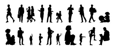 Vektör illüstrasyonu, insanların ana hatları, Contour çizimi, insanların silueti, ikon kümesi izole edilmiş, oturan insanların silueti, mimari set