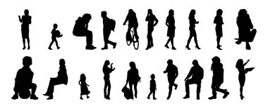 Vektör illüstrasyonu, insanların ana hatları, Contour çizimi, insanların silueti, ikon kümesi izole edilmiş, oturan insanların silueti, mimari set