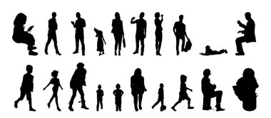 Vektör illüstrasyonu, insanların ana hatları, Contour çizimi, insanların silueti, ikon kümesi izole edilmiş, oturan insanların silueti, mimari set