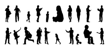 Vektör illüstrasyonu, insanların ana hatları, Contour çizimi, insanların silueti, ikon kümesi izole edilmiş, oturan insanların silueti, mimari set