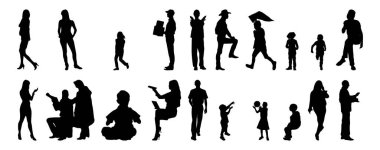 Vektör illüstrasyonu, insanların ana hatları, Contour çizimi, insanların silueti, ikon kümesi izole edilmiş, oturan insanların silueti, mimari set