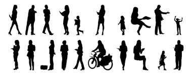 Vektör illüstrasyonu, insanların ana hatları, Contour çizimi, insanların silueti, ikon kümesi izole edilmiş, oturan insanların silueti, mimari set