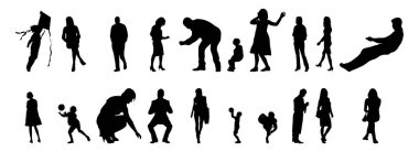 Vektör illüstrasyonu, insanların ana hatları, Contour çizimi, insanların silueti, ikon kümesi izole edilmiş, oturan insanların silueti, mimari set