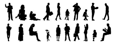 Vektör illüstrasyonu, insanların ana hatları, Contour çizimi, insanların silueti, ikon kümesi izole edilmiş, oturan insanların silueti, mimari set