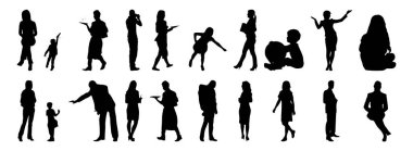 Vektör illüstrasyonu, insanların ana hatları, Contour çizimi, insanların silueti, ikon kümesi izole edilmiş, oturan insanların silueti, mimari set