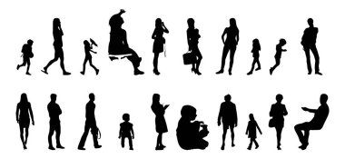 Vektör illüstrasyonu, insanların ana hatları, Contour çizimi, insanların silueti, ikon kümesi izole edilmiş, oturan insanların silueti, mimari set
