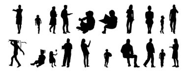 Vektör illüstrasyonu, insanların ana hatları, Contour çizimi, insanların silueti, ikon kümesi izole edilmiş, oturan insanların silueti, mimari set