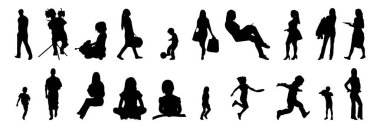 Vektör illüstrasyonu, insanların ana hatları, Contour çizimi, insanların silueti, ikon kümesi izole edilmiş, oturan insanların silueti, mimari set