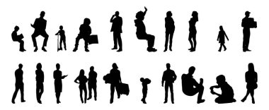 Vektör illüstrasyonu, insanların ana hatları, Contour çizimi, insanların silueti, ikon kümesi izole edilmiş, oturan insanların silueti, mimari set