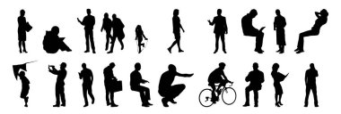 Vektör illüstrasyonu, insanların ana hatları, Contour çizimi, insanların silueti, ikon kümesi izole edilmiş, oturan insanların silueti, mimari set