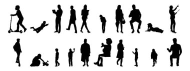 Vektör illüstrasyonu, insanların ana hatları, Contour çizimi, insanların silueti, ikon kümesi izole edilmiş, oturan insanların silueti, mimari set