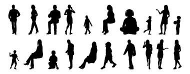 Vektör illüstrasyonu, insanların ana hatları, Contour çizimi, insanların silueti, ikon kümesi izole edilmiş, oturan insanların silueti, mimari set