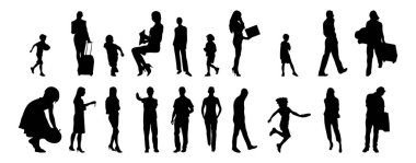 Vektör illüstrasyonu, insanların ana hatları, Contour çizimi, insanların silueti, ikon kümesi izole edilmiş, oturan insanların silueti, mimari set