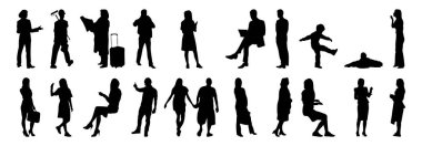 Vektör illüstrasyonu, insanların ana hatları, Contour çizimi, insanların silueti, ikon kümesi izole edilmiş, oturan insanların silueti, mimari set