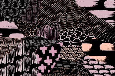 Soyut siyah darbeler, El, Vektör Deseni 'ni çizdi. Geometrik tarzda soyut arkaplan. Soyut çok renkli geometrik desen.