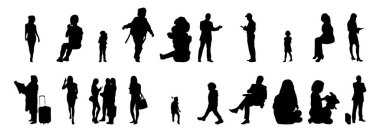 Vektör illüstrasyonu, insanların ana hatları, Contour çizimi, insanların silueti, ikon kümesi izole edilmiş, oturan insanların silueti, mimari set