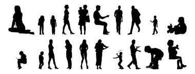 Vektör illüstrasyonu, insanların ana hatları, Contour çizimi, insanların silueti, ikon kümesi izole edilmiş, oturan insanların silueti, mimari set