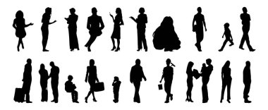 Vektör illüstrasyonu, insanların ana hatları, Contour çizimi, insanların silueti, ikon kümesi izole edilmiş, oturan insanların silueti, mimari set