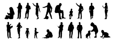 Vektör illüstrasyonu, insanların ana hatları, Contour çizimi, insanların silueti, ikon kümesi izole edilmiş, oturan insanların silueti, mimari set