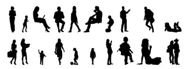 Vektör illüstrasyonu, insanların ana hatları, Contour çizimi, insanların silueti, ikon kümesi izole edilmiş, oturan insanların silueti, mimari set