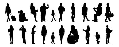 Vektör illüstrasyonu, insanların ana hatları, Contour çizimi, insanların silueti, ikon kümesi izole edilmiş, oturan insanların silueti, mimari set