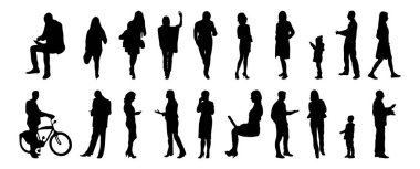 Vektör illüstrasyonu, insanların ana hatları, Contour çizimi, insanların silueti, ikon kümesi izole edilmiş, oturan insanların silueti, mimari set