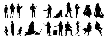 Vektör illüstrasyonu, insanların ana hatları, Contour çizimi, insanların silueti, ikon kümesi izole edilmiş, oturan insanların silueti, mimari set