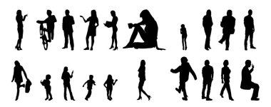 Vektör illüstrasyonu, insanların ana hatları, Contour çizimi, insanların silueti, ikon kümesi izole edilmiş, oturan insanların silueti, mimari set