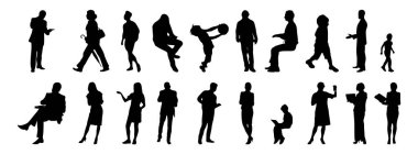 Vektör illüstrasyonu, insanların ana hatları, Contour çizimi, insanların silueti, ikon kümesi izole edilmiş, oturan insanların silueti, mimari set