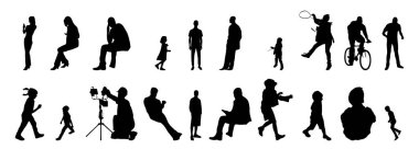 Vektör illüstrasyonu, insanların ana hatları, Contour çizimi, insanların silueti, ikon kümesi izole edilmiş, oturan insanların silueti, mimari set