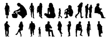 Vektör illüstrasyonu, insanların ana hatları, Contour çizimi, insanların silueti, ikon kümesi izole edilmiş, oturan insanların silueti, mimari set