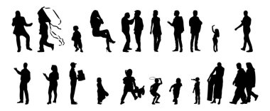 Vektör illüstrasyonu, insanların ana hatları, Contour çizimi, insanların silueti, ikon kümesi izole edilmiş, oturan insanların silueti, mimari set