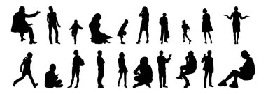 Vektör illüstrasyonu, insanların ana hatları, Contour çizimi, insanların silueti, ikon kümesi izole edilmiş, oturan insanların silueti, mimari set