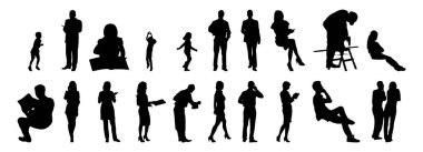 Vektör illüstrasyonu, insanların ana hatları, Contour çizimi, insanların silueti, ikon kümesi izole edilmiş, oturan insanların silueti, mimari set