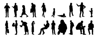 Vektör illüstrasyonu, insanların ana hatları, Contour çizimi, insanların silueti, ikon kümesi izole edilmiş, oturan insanların silueti, mimari set